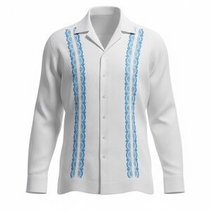 Modelcloth Men's White 100% Linen Long-Sleeve Guayabera Shirt Blue Embroidery